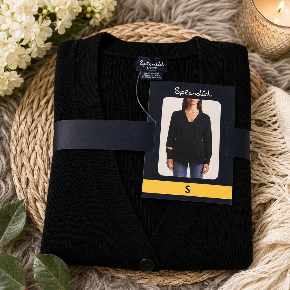 NWT Splendid Women's Black Ribbed Button Front Cardigan Sweater Size Small S